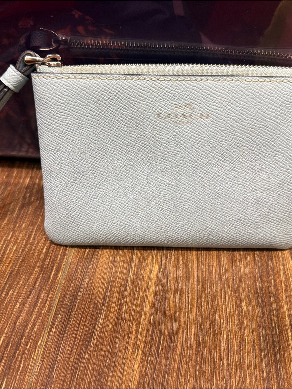 Coach Light Blue Leather Wristlet Pouch with Gold Hardware